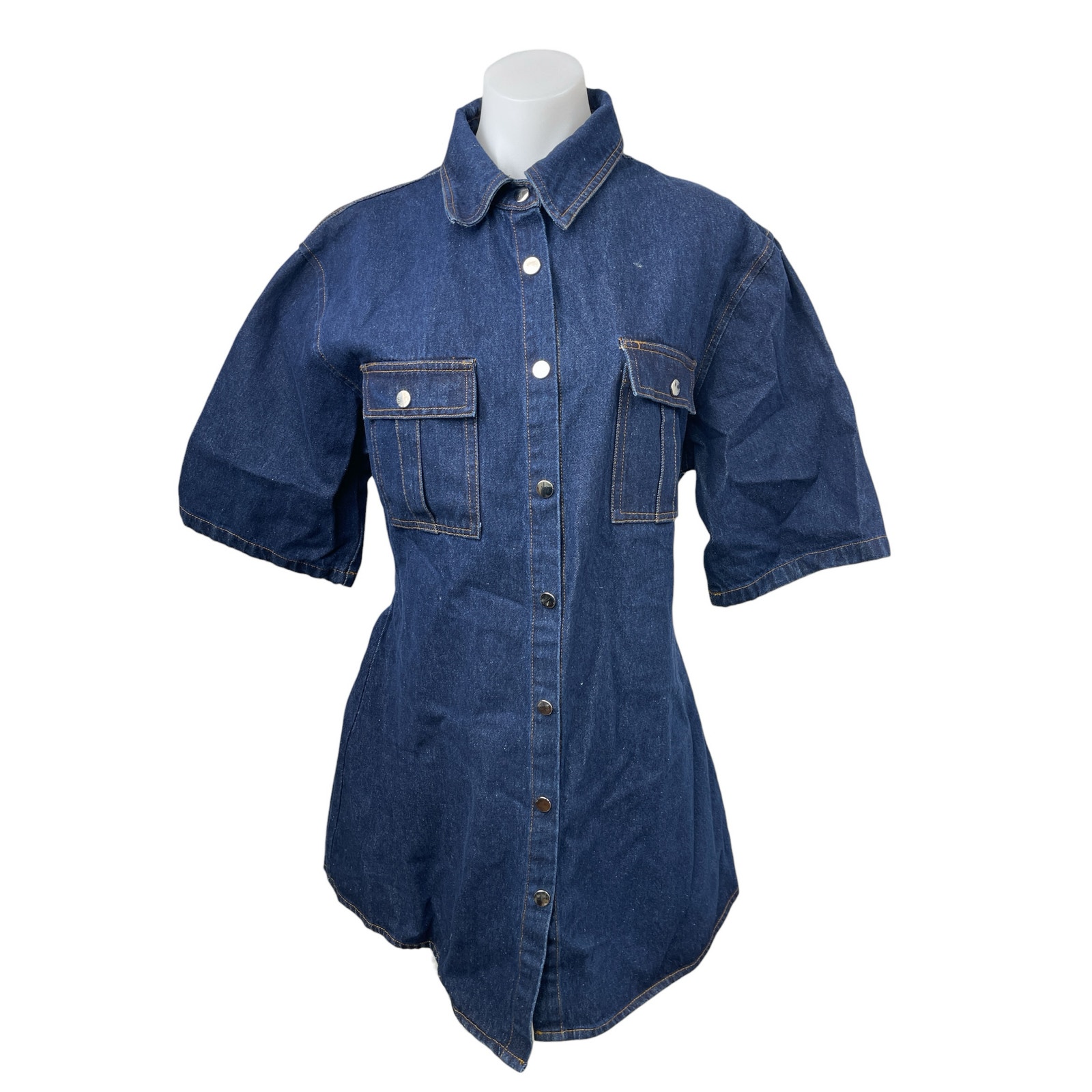 New Billy J Raz Blue Denim Collared Short Sleeve Button Down Mini Shirt Dress 14